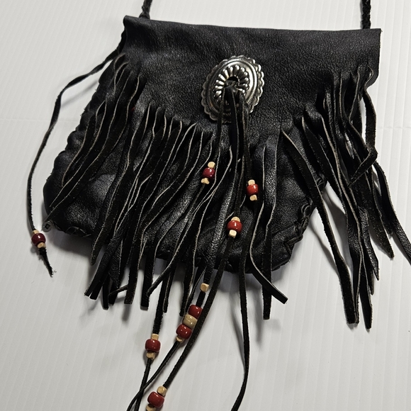 Vintage Soft Leather Fringe Crossbody Purse  w/ Beads - Picture 12 of 12
